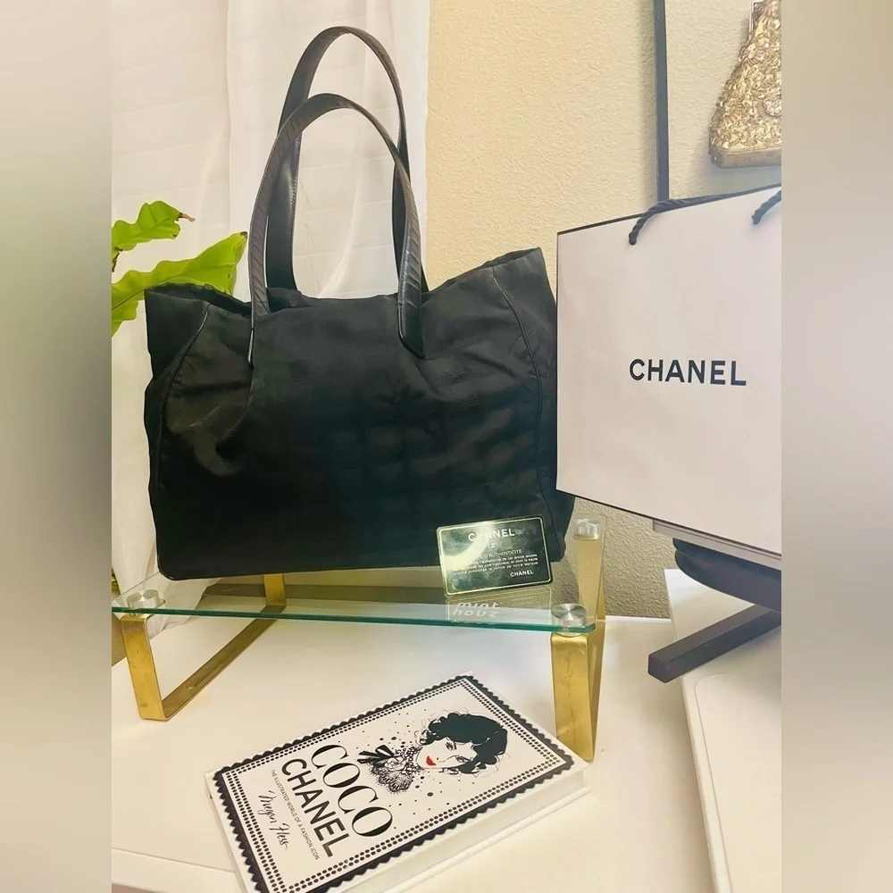 CHANEL Travel Line Tote MM Tote Bag Black Nylon JacquardLeather Women